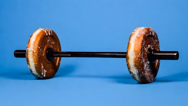 Donut used as barbell weights on bright blue background humorous fitness concept art