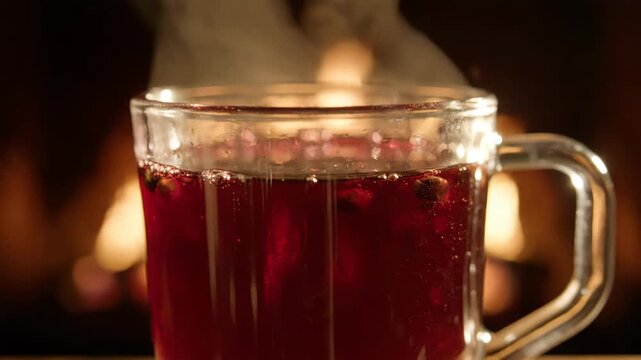 Close-up of steaming hot mulled wine or spiced fruit punch in a clear glass mug with a cozy, blurred fireplace bokeh background, symbolizing winter comfort and relaxat