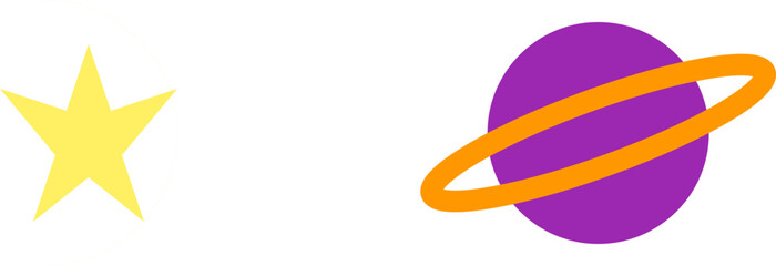 A minimalist graphic featuring a bright yellow star beside a simple purple ringed planet illustration © aryan