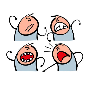 Cartoon set of four aggressive characters. Vector illustration collection of people arguing, fighting, swearing. Stickman attacks the opponent, screams, punches. Negative doodle art behavior.