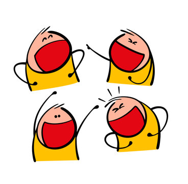 Four cartoon characters laughing at comedy or humor. Vector illustration of a group of people and a funny joke. A set of funny stickman books. The man laughs, points, and gasps with positive laughter.