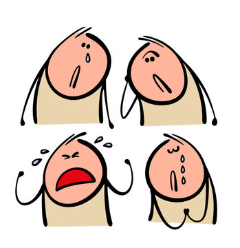 Cartoon set of four characters with sad emotions. Vector collection of stickman sobs, suffers and gets depressed. Tears roll down my cheeks. Men need psychological help.