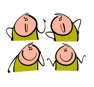 Collection of cartoon characters with a sly expression. Vector illustration of a scammer, a teacher, or a smart person. Funny stickman frowns and makes a gesture with his hands. Doodle set.