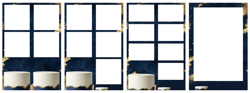 Collage Photo Booth Templates with White Copy Space on Dark Blue Textured Background with Gold Accents