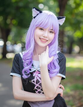 beautiful smiling young woman cosplay anime manga style