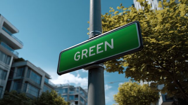 A green street sign labeled "GREEN" is mounted on a pole with buildings and leafy trees under a clear blue sky in the background.