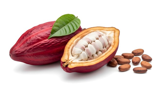 Close-up of a red cacao pod split to reveal white cacao beans, highlighting harvest and chocolate production, nature and farm imagery.