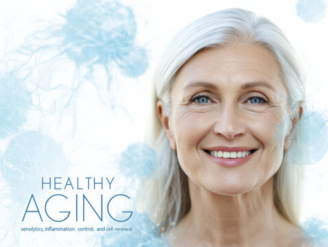Vibrant Senior Woman Smiling, Promoting Healthy Aging Through Senolytics and Cell Renewal