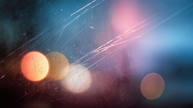 Abstract background with scratched film and glass texture, thin white linear streaks, multicolor blurred bokeh, large soft circular glows in lower left, cool blue purple tones, dark diagonal band