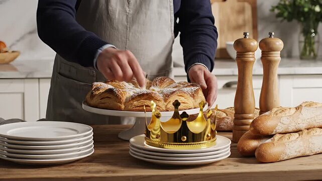 Person presenting a traditional King Cake with a golden crown on a table.