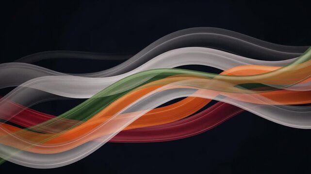 Dynamic, flowing abstract waves in various vibrant colors, including orange, red, green, and white, gracefully undulate against a striking dark black background.