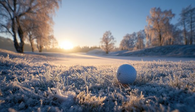 A frozen golf ball awaits a sunrise tee-off on a frosty course