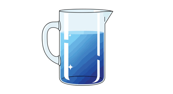 Clear Glass Pitcher Filled with Fresh Blue Water Vector Illustration Isolated on White Background