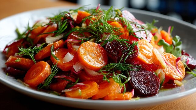 Fresh carrot salad mixed with flavorful dressing, crunchy texture, bright color, trending healthy food, soft shadows, minimal setup.