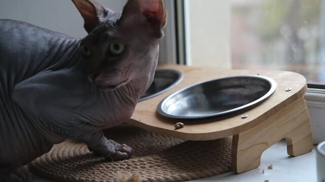 Canadian bald Sphynx cat with green eyes is eating dry food in a bowl.