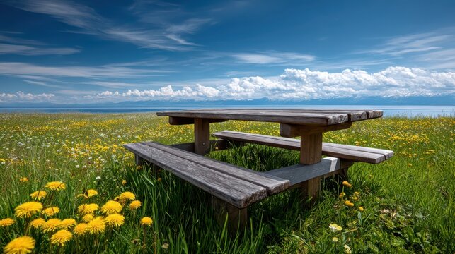 A weathered wooden picnic table sits in a vibrant field of yellow dandelions beneath a bright blue sky with scattered clouds over a calm ocean horizon.