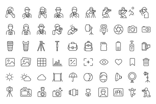 Minimalist photography icon set with cameras, lenses, and accessories.