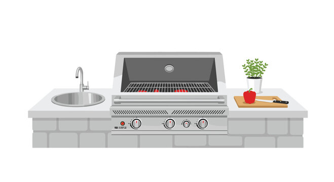 A modern outdoor kitchen setup features a stainless steel grill, a circular sink, and a red pepper on a wooden cutting board with a potted plant.