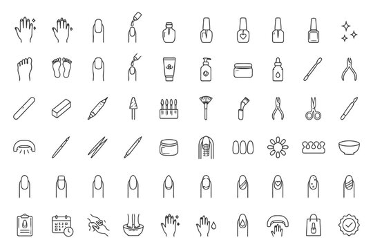 Manicure and pedicure line icons featuring nail care tools and products.
