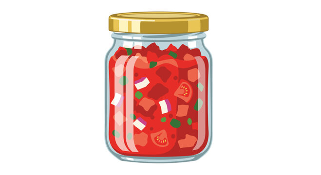 A clear glass jar with a metallic gold lid is filled to the brim with chunky red tomato salsa containing visible pieces of white onion and herbs.