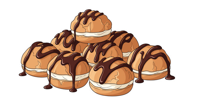 A delicious pile of golden brown cream puffs is generously drizzled with rich dark chocolate sauce and stacked neatly on a pristine and white surface.