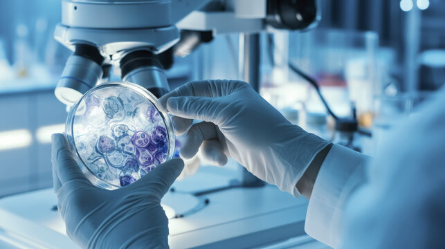 Precision Senolytics Research: Scientist Examining Cellular Culture in Petri Dish for Anti-Aging Therapies and Longevity Studies.