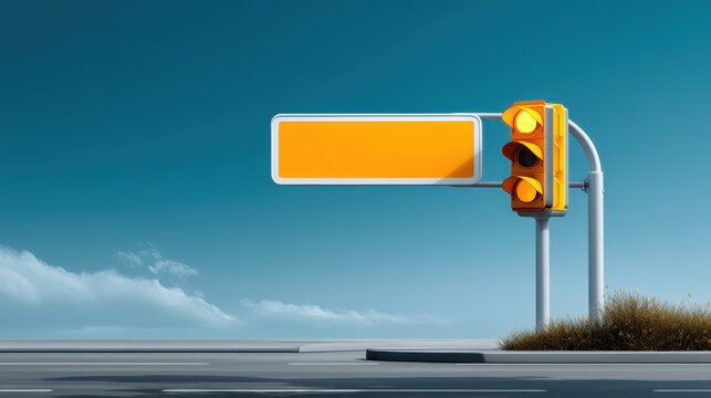 A modern, minimalistic empty orange traffic light signpost stands against a clear blue sky with sparse clouds and roadside vegetation.