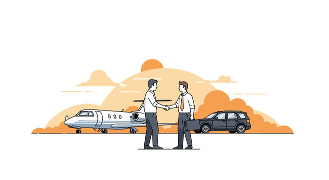 Two professional men in white shirts and ties shaking hands on a tarmac positioned between a sleek silver private jet and a dark luxury SUV vehicle at sunset.