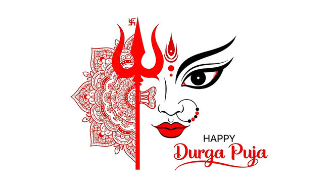 Durga puja festival logo with woman face and trident PNG isolated on transparent background