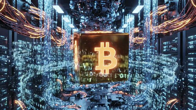 A glowing cube displaying Bitcoin symbols floats amidst a futuristic server farm, symbolizing the digital currency's technological foundation.