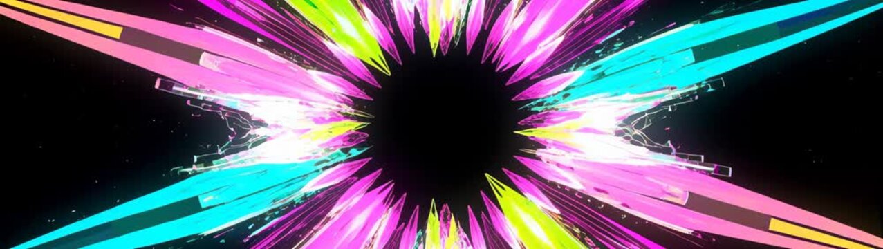 Bright colors explode in a digital design with sharp lines and shapes on a black background during a creative art project.