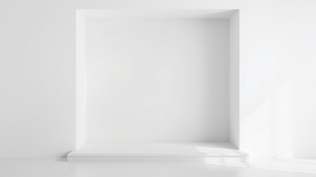 Minimalist interior design. White walls create recessed alcove. Clean lines, simple geometry, soft shadows present. Empty space ideal display.