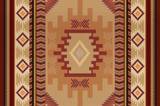 Ethnic Tribal Rug Pattern Background, Geometric Navajo Aztec Carpet Design in Earth Tones