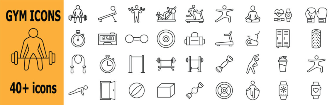 Set of gym icons with exercise equipment and fitness poses collection of Gym machines benchpress cycling, dumbells weight lifting pushups runny and fitness