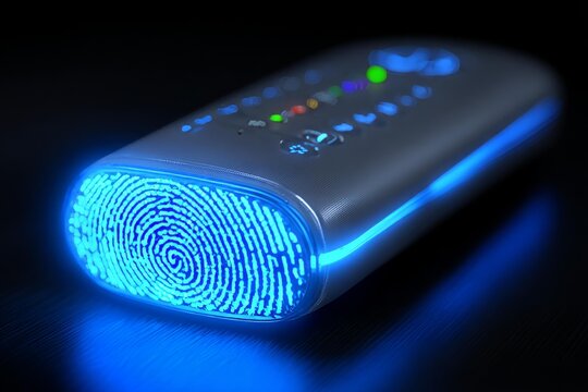 sleek, futuristic electronic device emitting vibrant blue light on a dark, reflective surface, showcasing modern technology design.