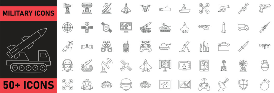 Military icon set with missiles tanks drones satellite radar symbols for defense and attack war concept