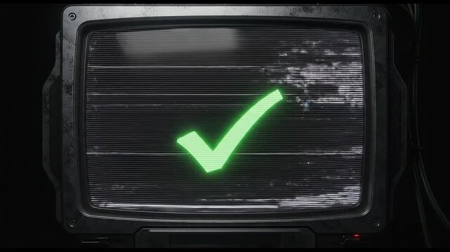 Retro television with green checkmark on glitchy screen