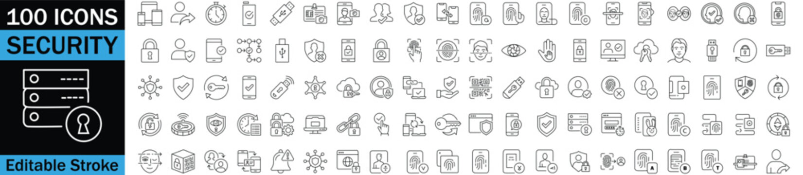 Thin line icons set representing security concepts and data protection, 50 icons collection editable stroke outline