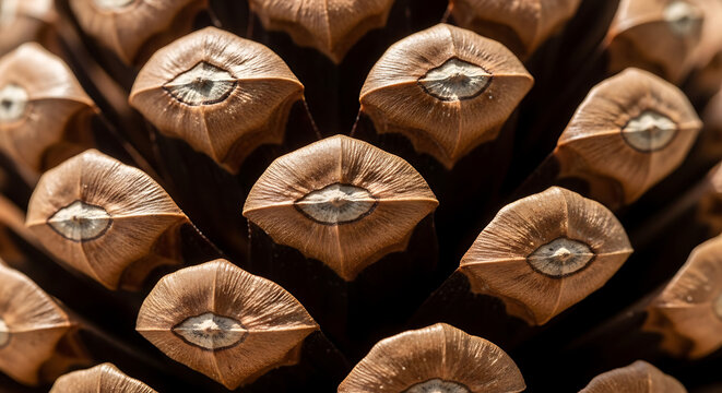 Close-up view of a detailed pine cone structure showcasing natural textures and patterns.