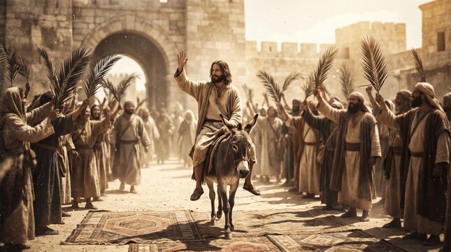 Vintage sepia-toned biblical illustration of Jesus Christ's triumphal entry into Jerusalem on a donkey with crowds waving palm branches