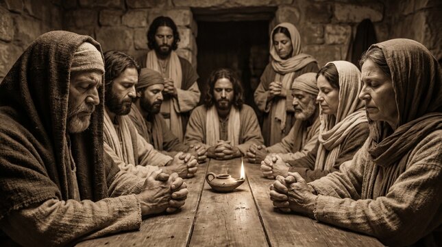 Vintage sepia-toned biblical scene of a group of disciples praying together around a table with an oil lamp in an ancient stone room