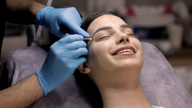 Beauty specialist drawing pre-procedure facial markings on female patient. Skincare clinic concept.
