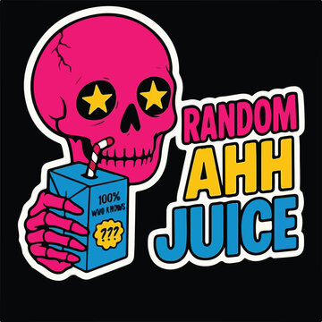 A quirky pink skull with star eyes enjoys a carton of "Random Ahh Juice" in a vibrant cartoon illustration.