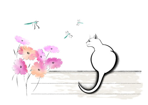 A cat with a fluffy tail watching dragonflies flying around cosmos flower, depicted in an ink painting style.