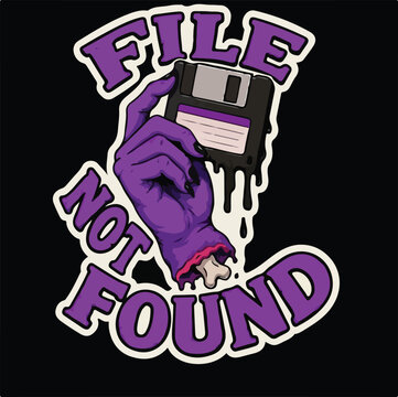 Purple monster hand holding a melting vintage floppy disk with text displaying the classic file not found error message graphic