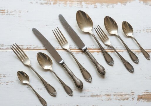 Antique silverware set on a rustic wooden table