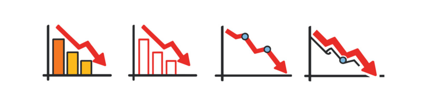 Four different charts showing a downward trend with red arrows indicating decline