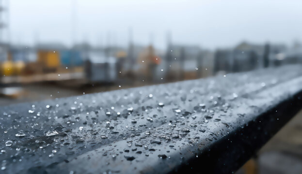 Water droplets on a dark surface with a blurred industrial background