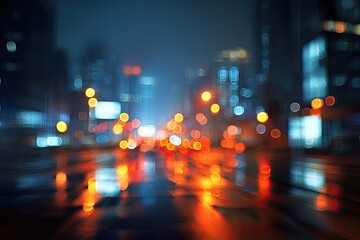 Obraz premium City night street with blurred lights and reflections on wet pavement