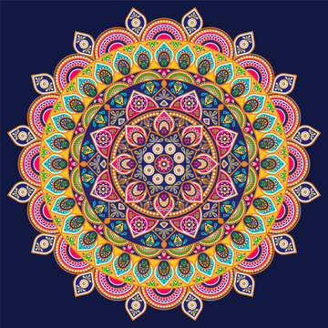 Colorful intricate mandala pattern. Vibrant vintage ornamental vector design. Decorative elements, Festival, Indian, Turkish, Pakistan, ottoman motifs. Circular design for print, textile, wallpaper.
